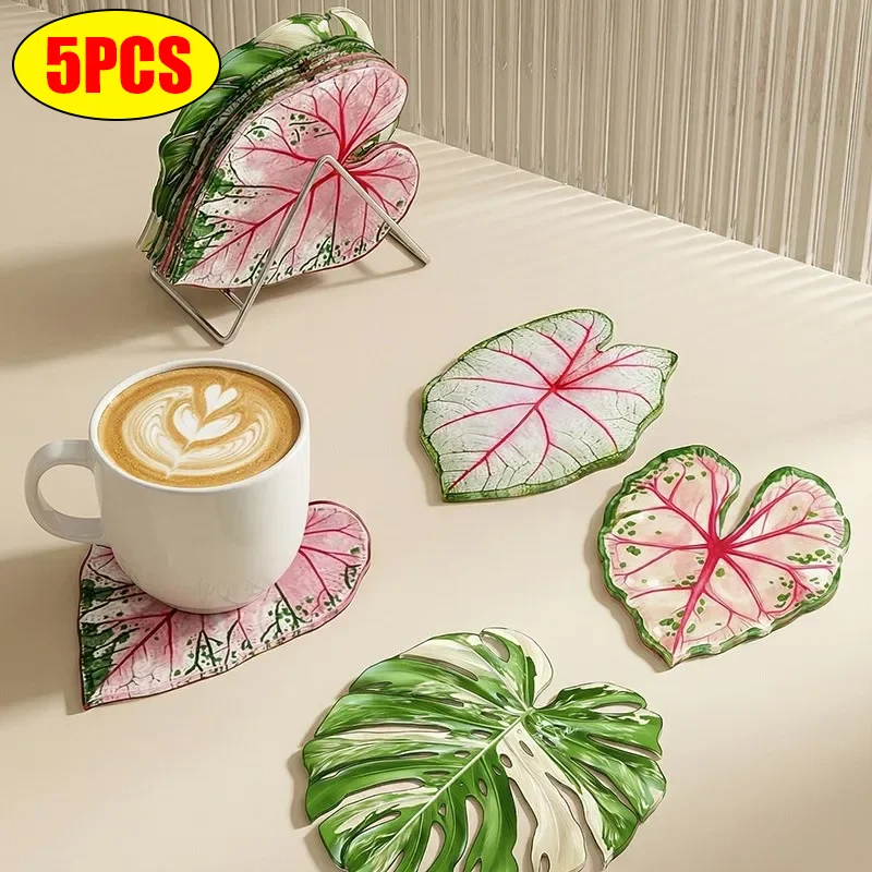 Acrylic Monstera Leaf Coaster Tropical Green Plant Cup Mats Anti-slip Cup Holders Countertop Protector Kitchen Drink Coasters