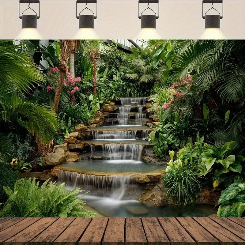 Waterfall Garden Tapestry Lush Tropical Plants Stone Steps Pond Serene Nature Scene Living Room Spa Wellness Center Wall Hanging
