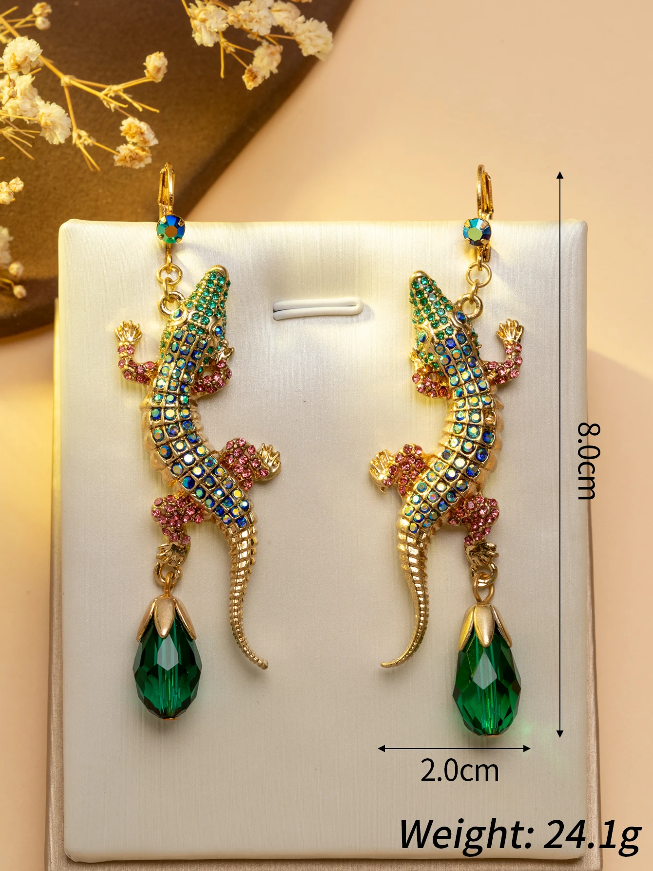 Vintage Colored Diamond Crocodile Pendant Earrings European and American Style Long Drop Earrings with Green Crystal