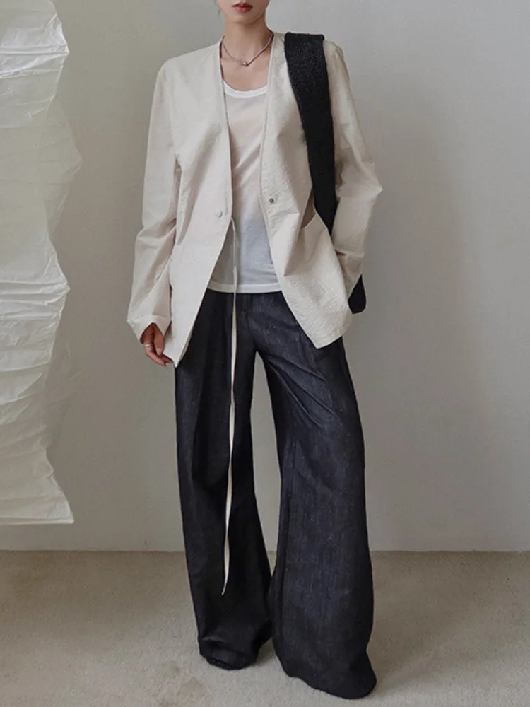 BJTZ Simple Vintage V-neck Lace-up Waist Summer Jacket For Women 2025 Loose Casual Versatile Female Clothing Tops