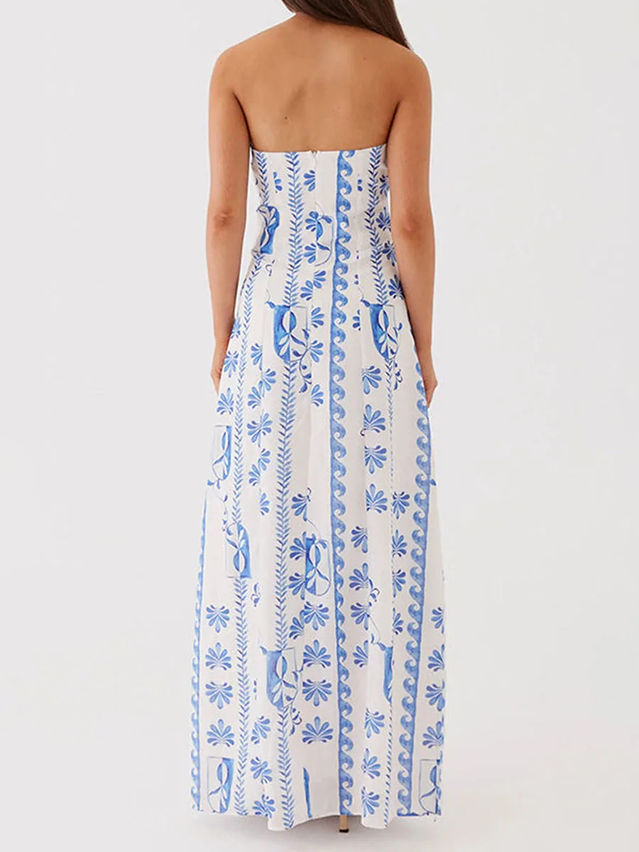 Langes Röhrenoberkleid für Damen mit Blumenmuster, einfarbig, gerüscht, schulterfrei, ärmellos, A-Linie, Abendkleid für Party, Club