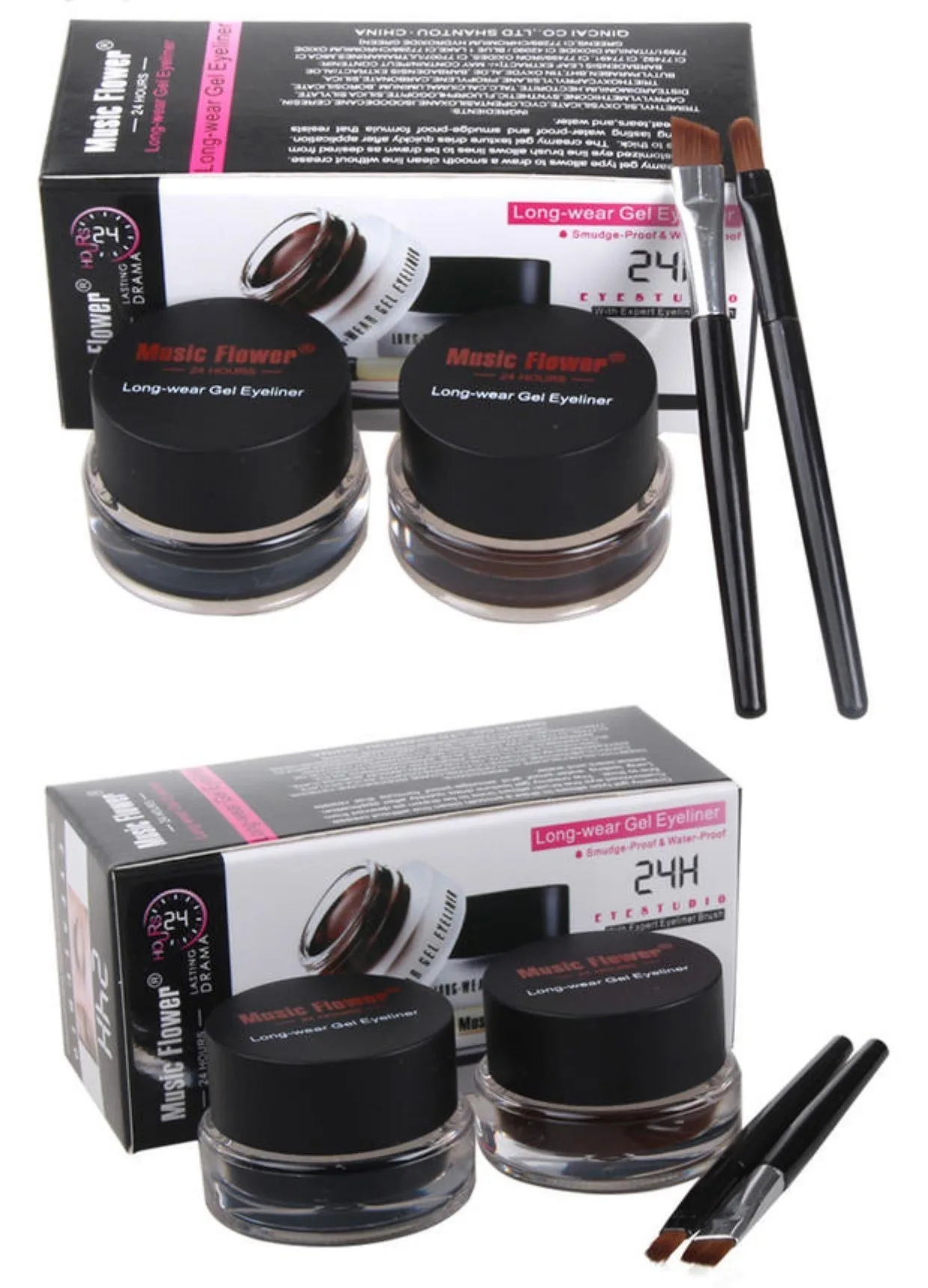 Music Flower 2 In 1 Brown + Black Eyeliner Gel Make Up Water-proof Eye Liner Kit Eye Makeup Tool 24H Long Lasting+ Brushes