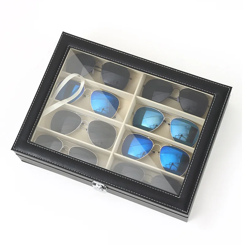 Black Leather Sunglasses Storage Case, Large Capacity Dustproof Eyewear Display Box, Premium Desktop Organizer