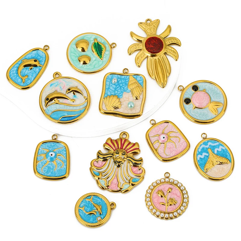 

4pcs Stainless Steel Vintage Enamel Leaf Shell Conch Charm Pendants for DIY Jewelry Necklace Earrings Bracelets Making Supplies