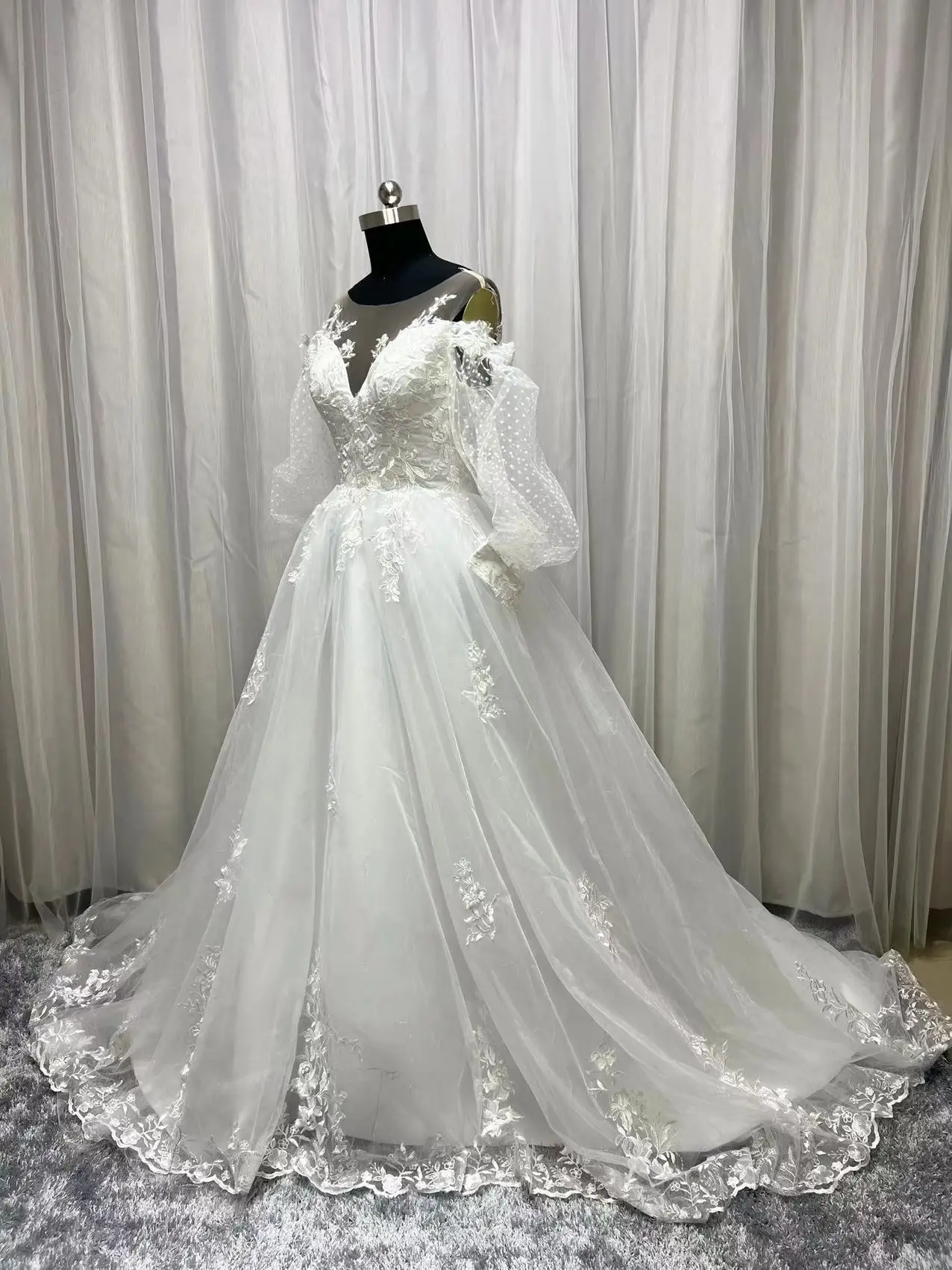 Gaun Pernikahan Applique Renda Foto Asli Gaun Pengantin Vestidos De Novia Lengan Puff Panjang 2022 V-Neck Gaun Pengantin Pantai Ukuran Plus