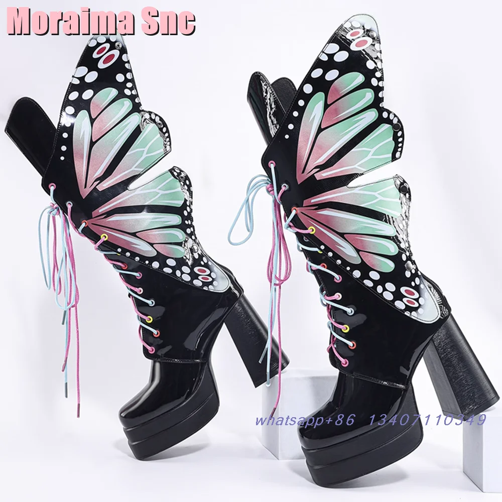 Butterfly Wings Decor Lace-up Knee High Boots Platform Block High Heel Square Toe Back Zipper Patent Leather 2024 New Women Boot