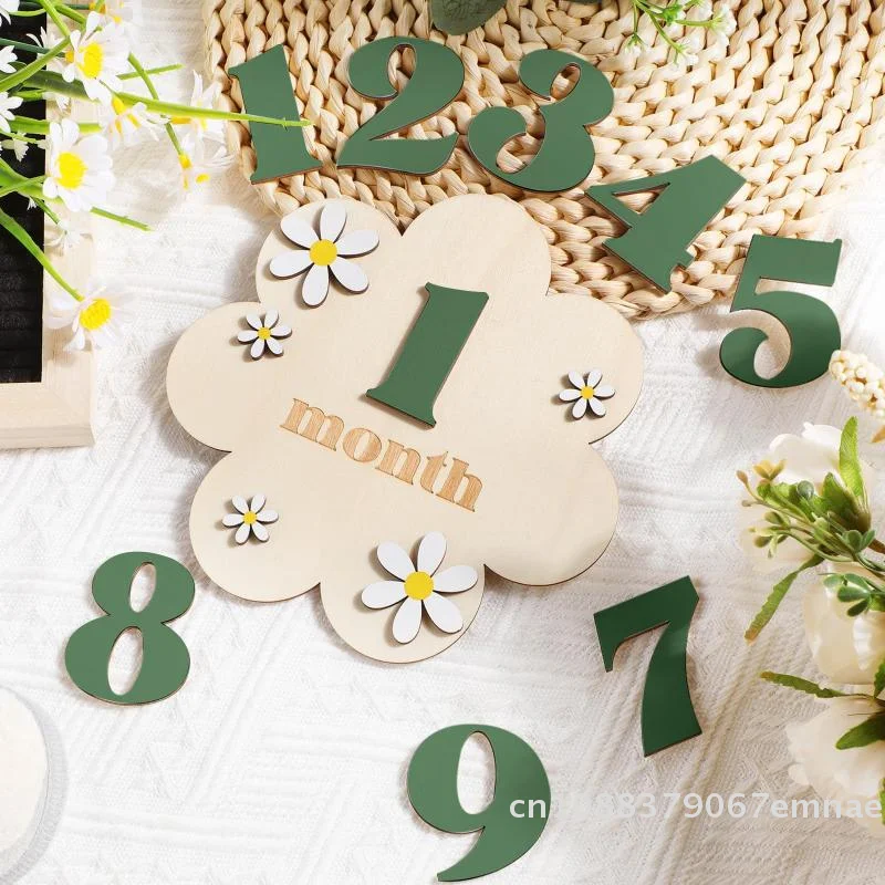 [ZYAS]Wooden Baby Monthly Milestone Cards Flowers Double Sides Number Month Girls Boys Newborn Photography Props Accessories