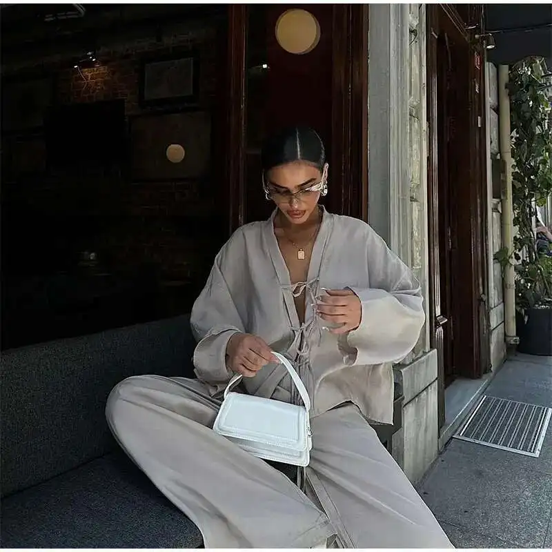 BabYoungPlisowane jednolite spodnie zestaw damski luźna koronka V Neck spodnie z wysokim stanem rozkloszowana koszula z rękawami typu lampion garnitur damski