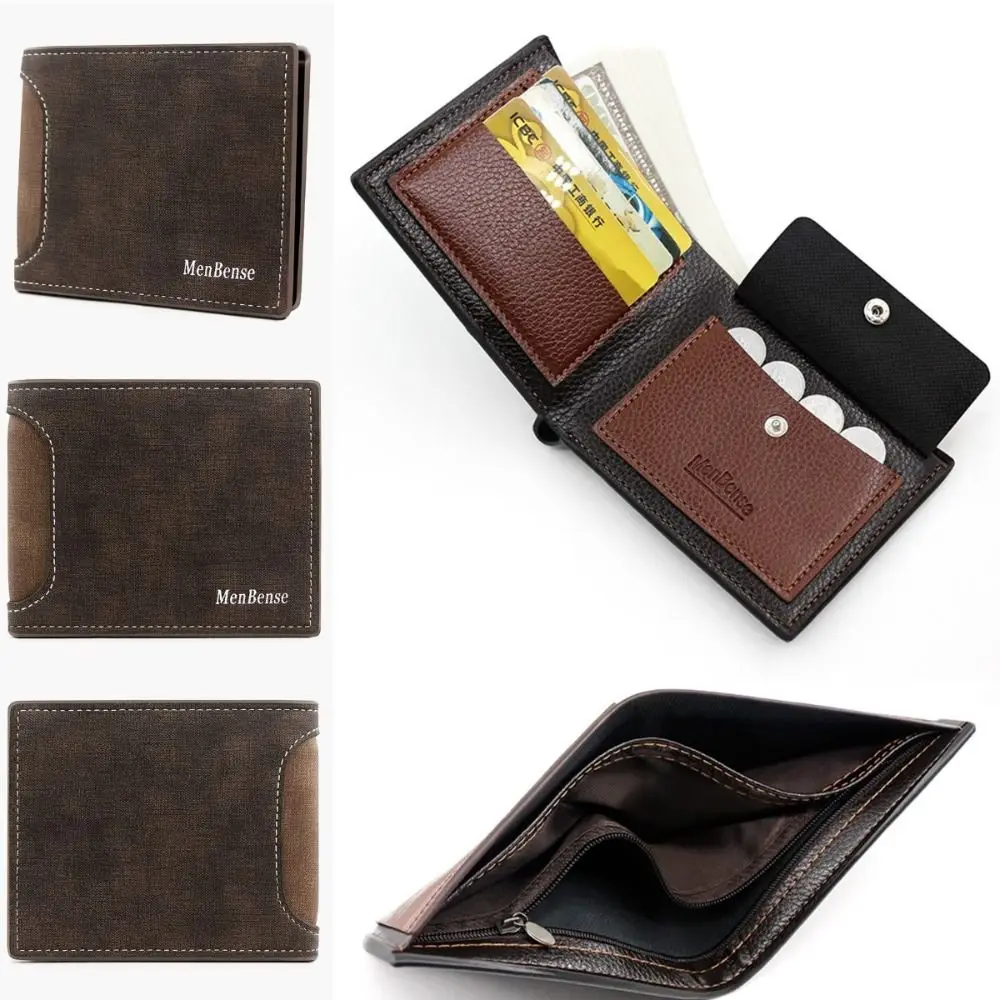 

Interior Zipper Pocket 2 Fold Wallets Dull Polish Slim ID Badge Holder Card Bag Multifunction Men's Short Wallet Card Holder