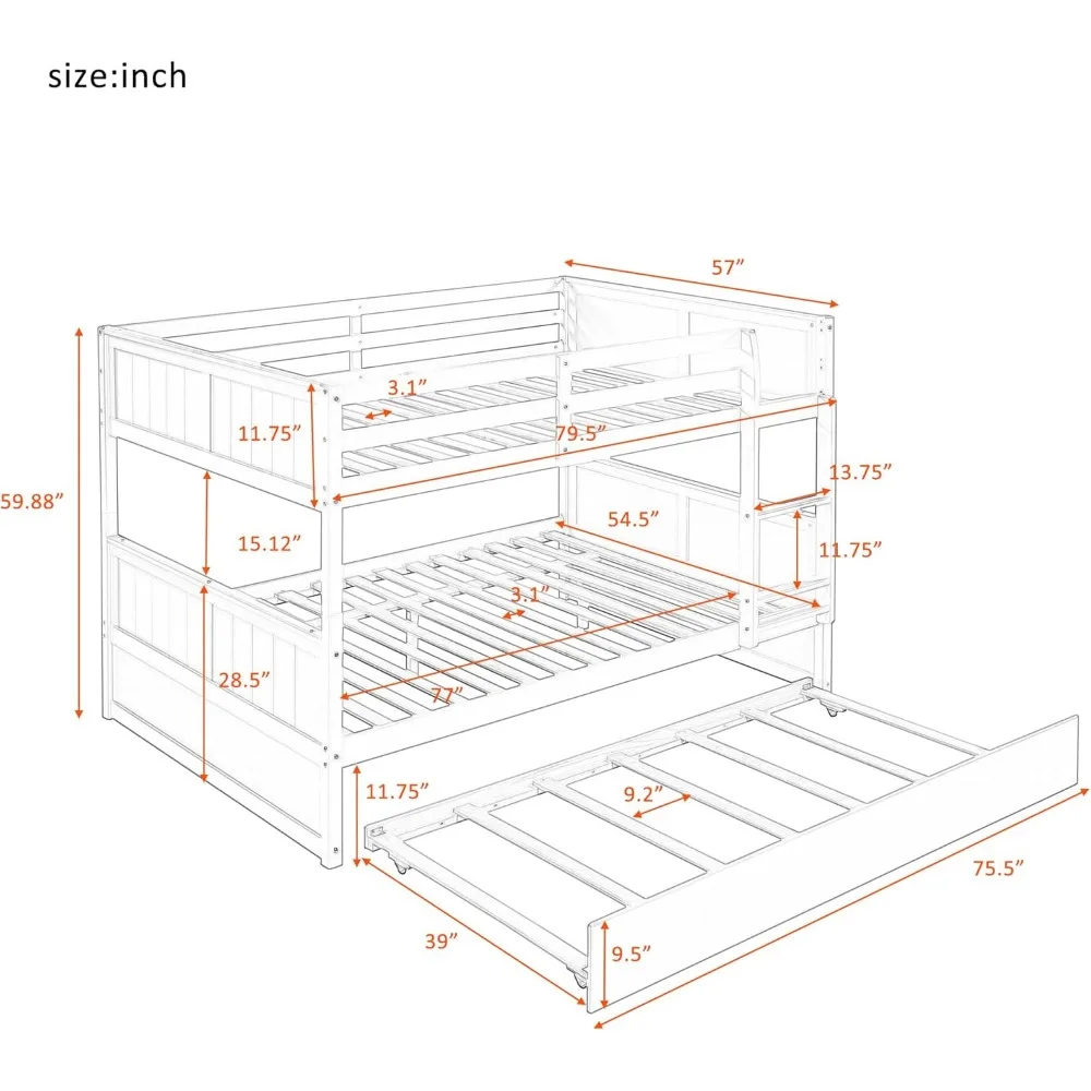 Bunk Bed ,with Full-Length Safety Guard Rail and Ladder, Can Be Separated To 2 Full Size Platform Beds,Solid Wood Bunk Beds