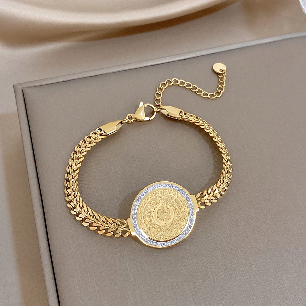 Vintage Gold Color Stainless Steel Braided Chain Bracelets for Women Punk Inlaid Rhinestone Statue Round Charm Bangle Wholesale