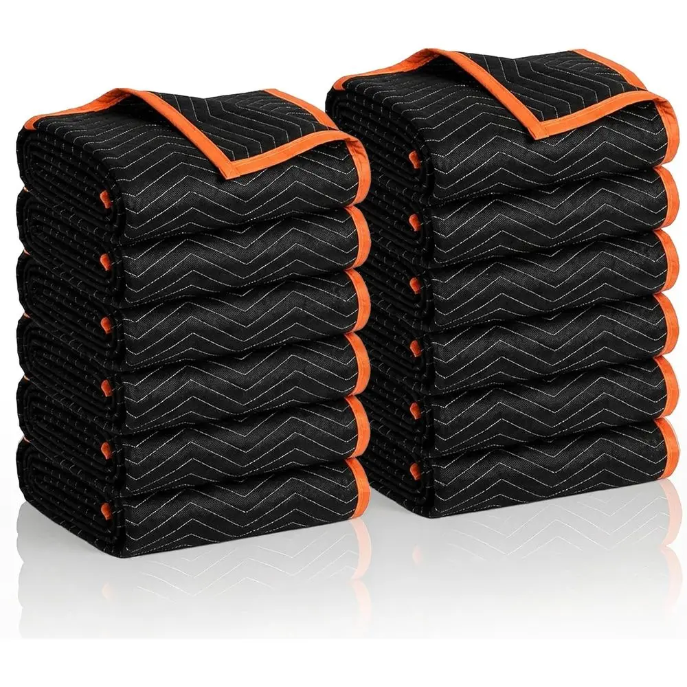 

12-Pack Heavy-Duty Black Moving Blankets, 72x40 Inches for Furniture Protection and Storage