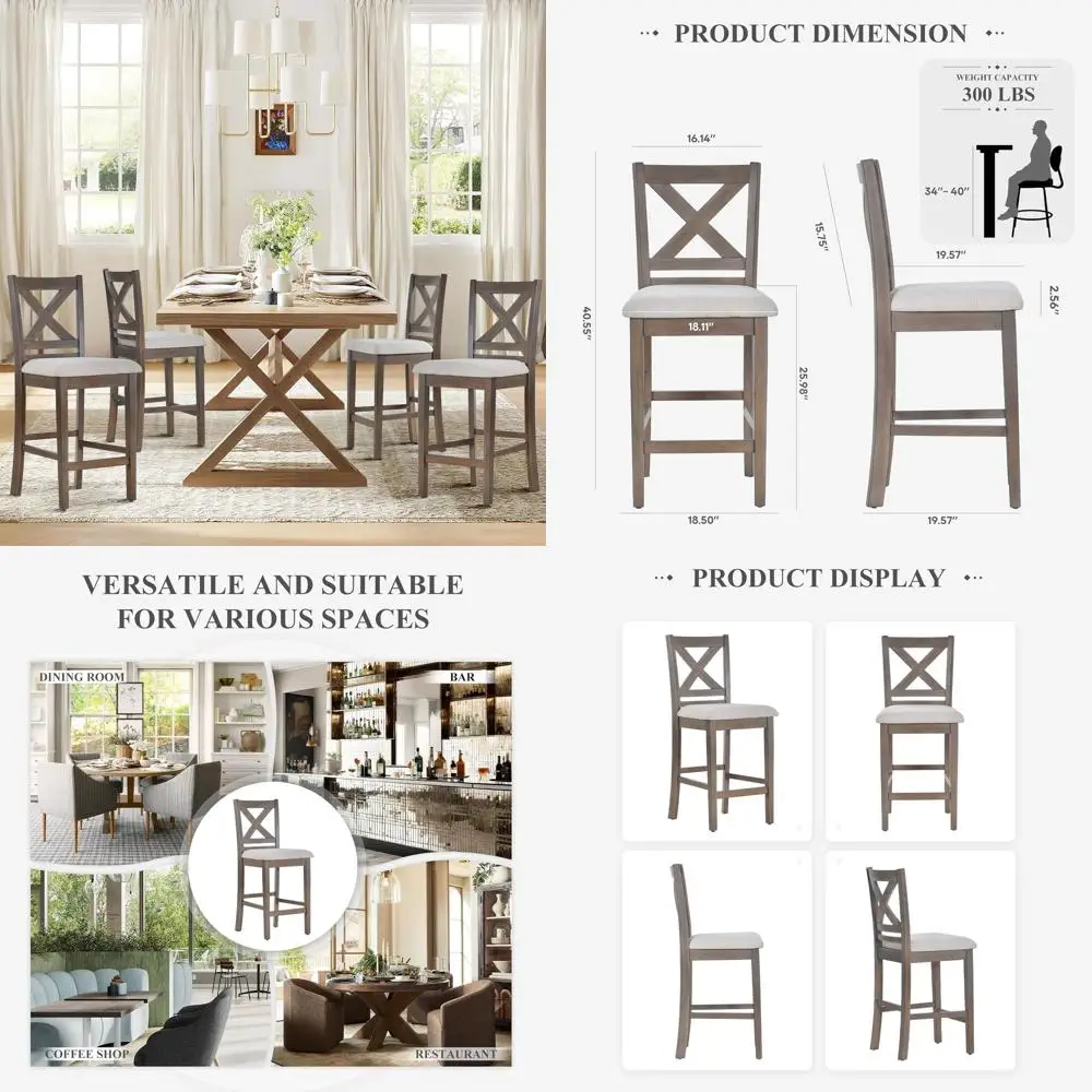 

Set of 4 Upholstered Counter Height Bar Stools with Backrest and Wood Legs, Suitable for Kitchen Island or Dining Room, Light Br