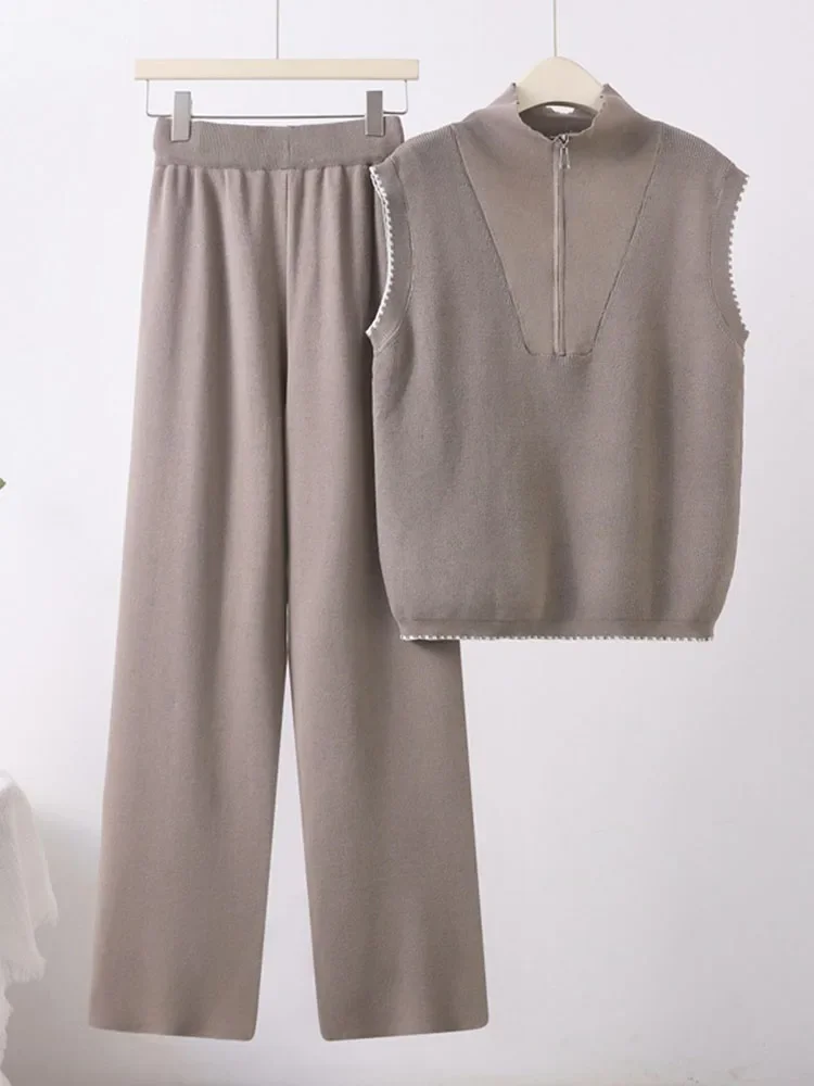

Summer New Knit 2 Pieces Sets Korean High Waist Wide Leg Pants Tracksuit Women O-neck Zipper Sleeveless Knitted Tops Conjuntos