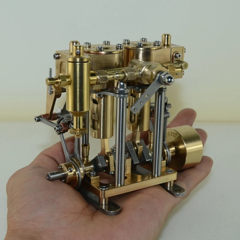 cool!Two-cylinder reciprocating steam engine model, all copper hand-crafted