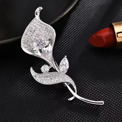 Crystal Flower Brooches for Woman Trendy Silver Plated Tulip Brooch Lapel Pins Elegant Corsage Dress Luxury Zircon Jewelry Gift