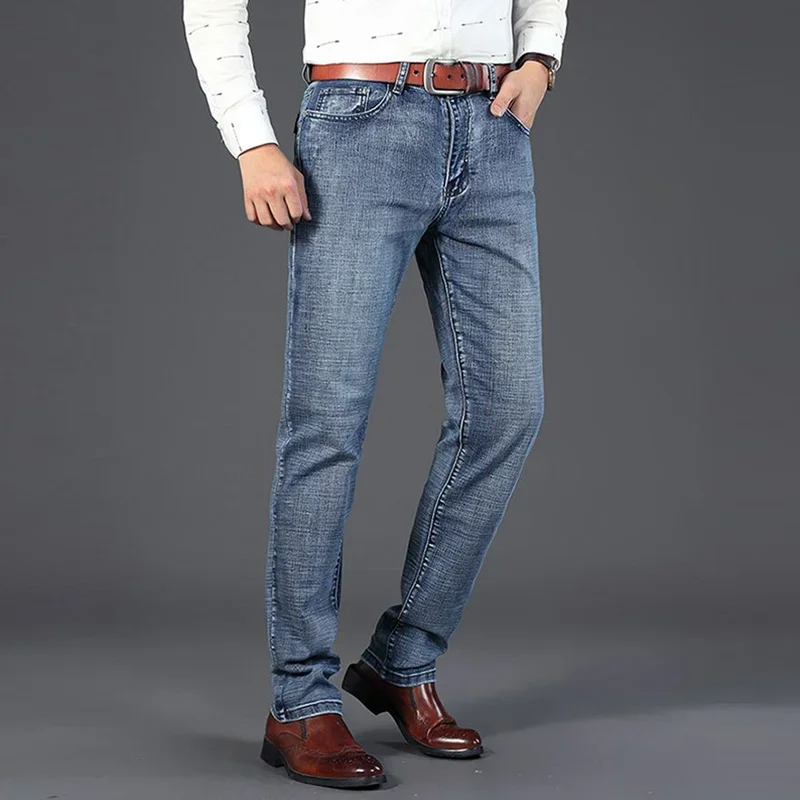 Celana Jeans Pria Musim Gugur Musim Dingin Hangat Berbulu Tebal Berlapis Fleece Vintage Denim Klasik Slim Fit untuk Sehari-hari
