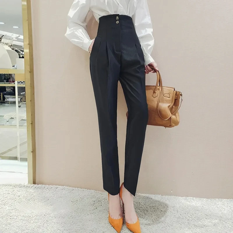 High Waisted Suit Pants for Women, Ankle Length Trousers, Vintage Clothing, British Style, Office Work, Spring and Autumn, 2024