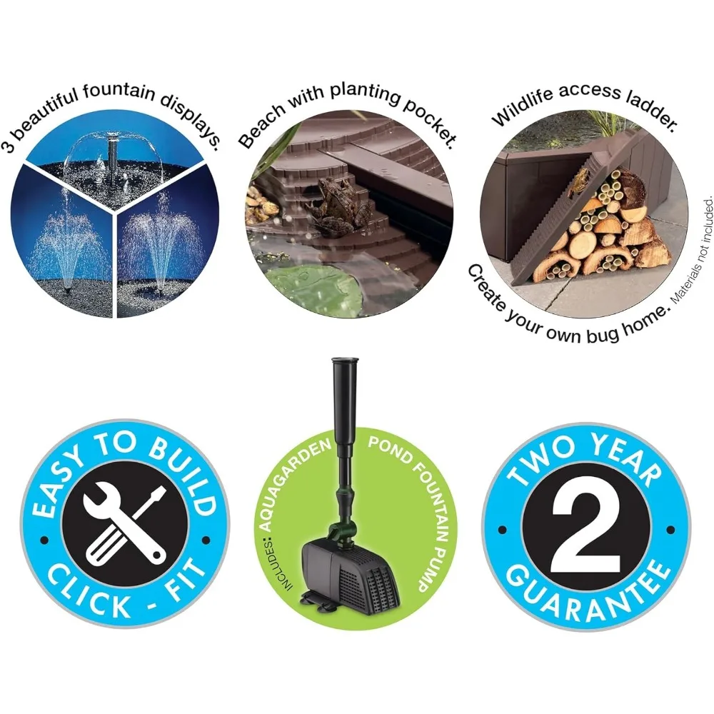 No Dig Nature Pool, Complete Water Feature Kit, Includes Pond Structure, Liner, Fountain Pump, Nature Ladder, Planting Pocket