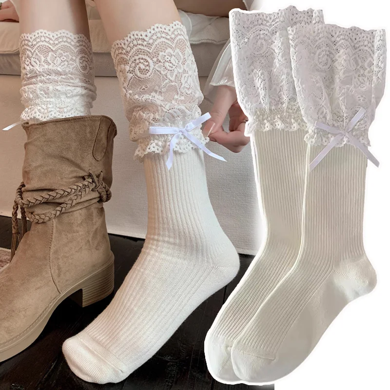 Harajuku الحلو Kawaii الباليه نمط منتصف العجل جورب اليابانية لوليتا Jk الدانتيل العجل كومة القوس جوارب بيضاء النساء الجوارب المنزل الطابق جورب