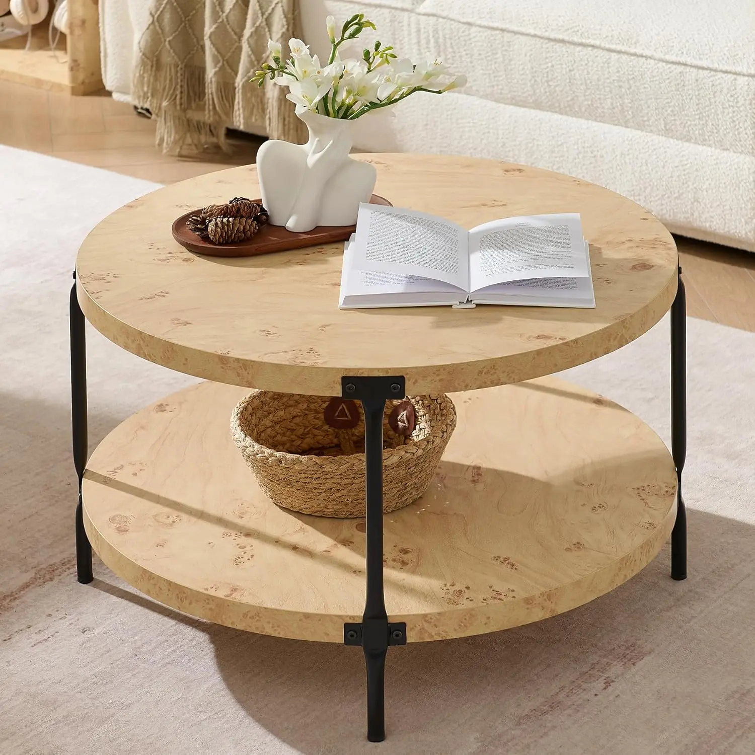 

Round Boho Wood Coffee Table 2-Tier Farmhouse Style Natural Burl Wood 29.1' D x 18.3' H Living Room Furniture