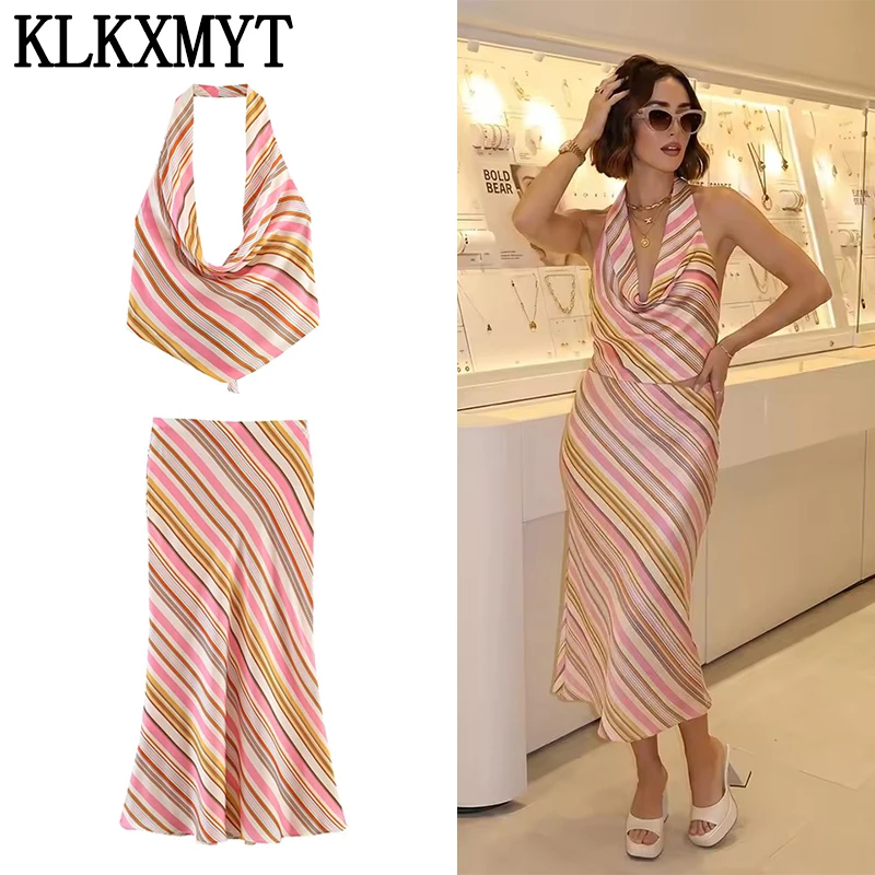 KLKXMYT Damen-Set: Modisches gestreiftes Satin-Neckholder-Top + Eleganter Midirock – Lässiges Outfit für Frühling/Sommer 2026 ﻿ ﻿ ﻿