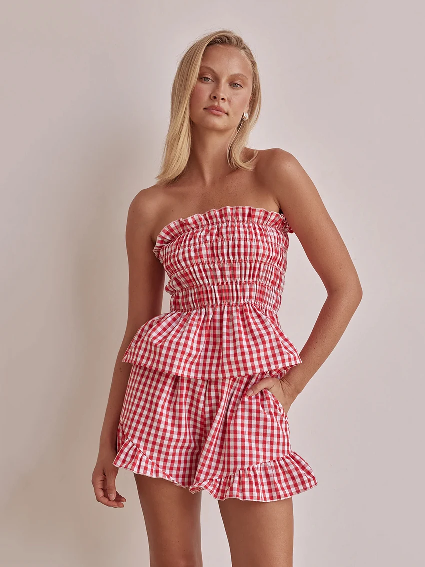 Marthaqiqi Plaid Female Pajama Suit Tank Tops Sleepwear Backless Nightgown Sleeveless Nightwear Shorts casual Home Clothes women