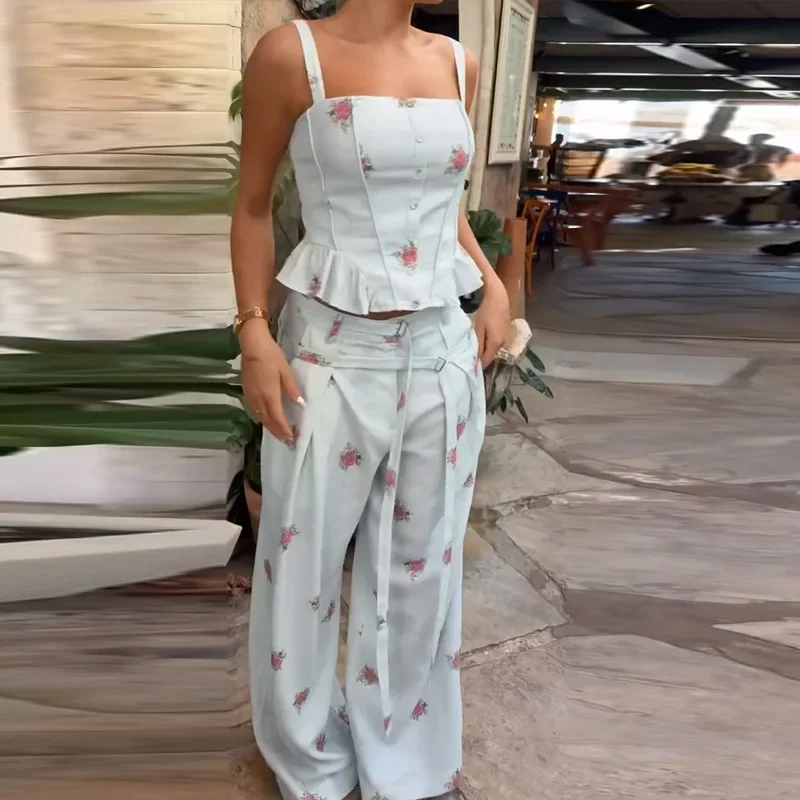 Eleganter bedruckter Damen-Westen-Hosenanzug, ärmelloses Oberteil mit Blumenmuster, plissiert, weit geschnittene Hose, Damen-Set, Sommer-Herbst 2026, Damen-Sets – Detail 1