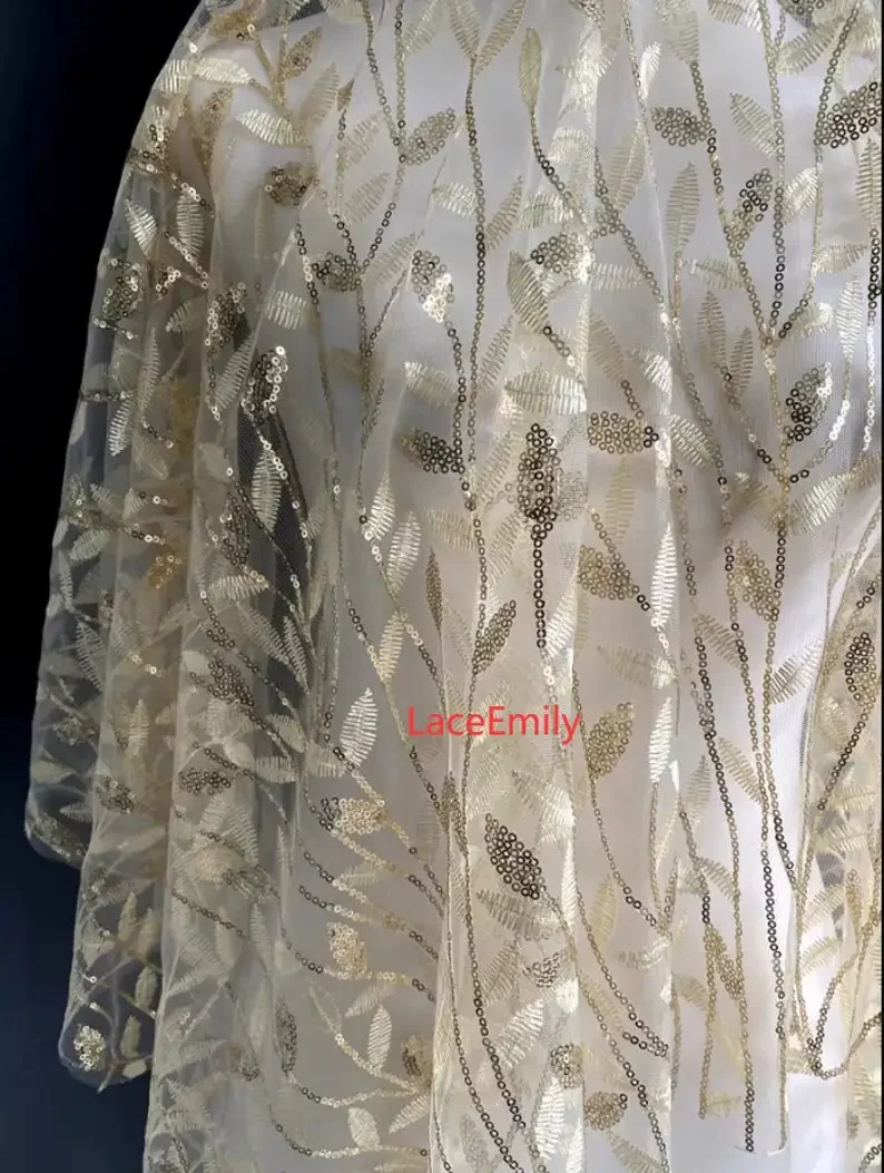 Tessuto di pizzo ricamato con paillettes foglia oro champagne foglie di paillettes tulle morbido per abito da sposa abito da ragazza 1 metro