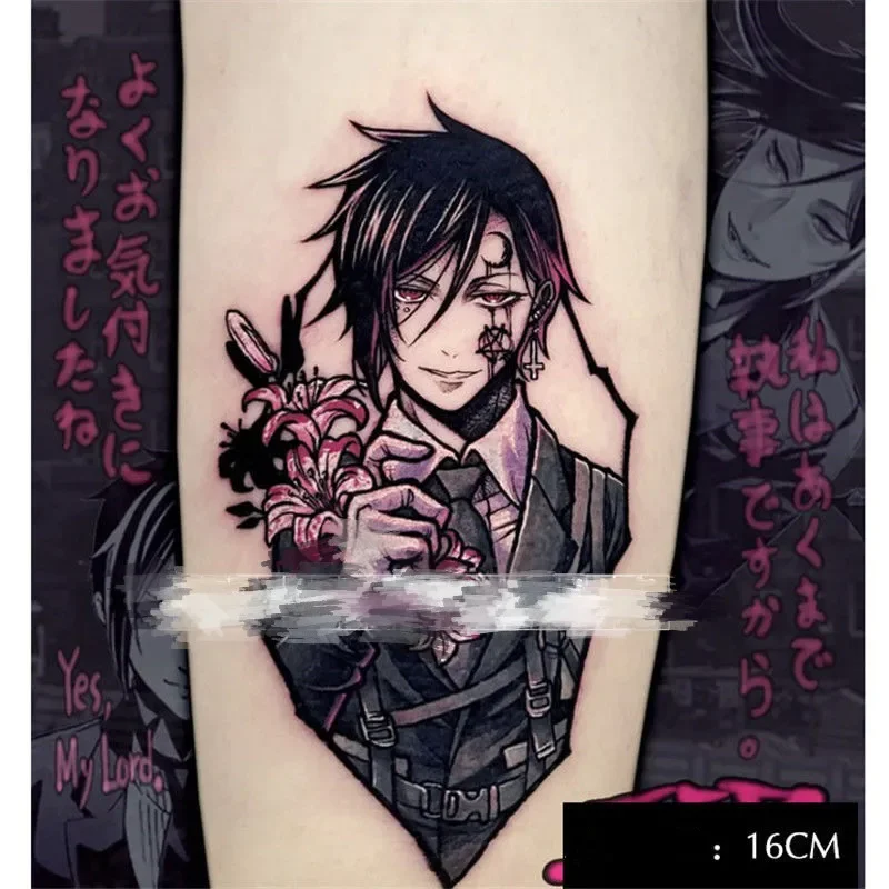 Tatuajes temporales de Anime Black Butler, tatuaje de transferencia de Sebastian Michaelis, arte corporal, tatuajes falsos impermeables, pegatinas para mujeres y hombres