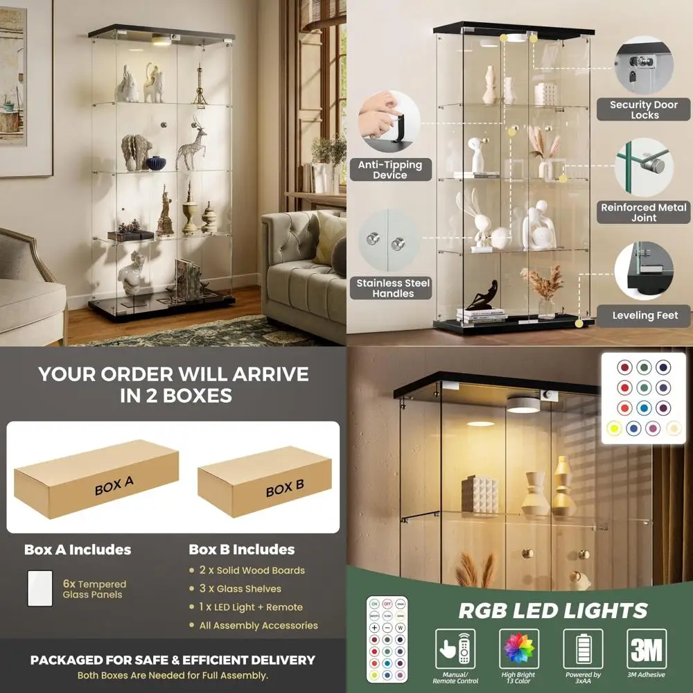 

Стеклянный шкаф для сувениров с 4 полками и подсветкой и запираемыми дверцами для коллекционных вещей