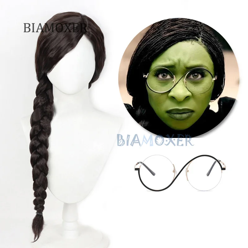 Böse Frauen Elphaba Cosplay Perücke Kunsthaar Perücken Schwarzes Geflecht Lange gewellte Party Perücke