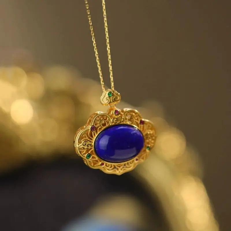 Classical lapis lazuli necklaces High sense Elegant simple ancient gold craft Hollow crystal dark blue pendant Fashion jewelry view 3