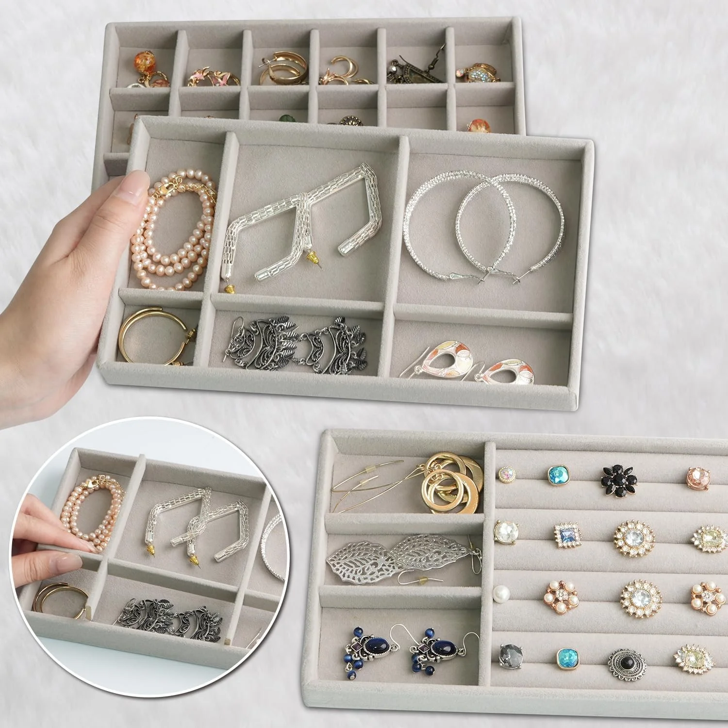 Velvet Jewelry Organizer Trays Stackable Storage for Drawers Display Case for Rings Studs Necklaces for Women Set of 4