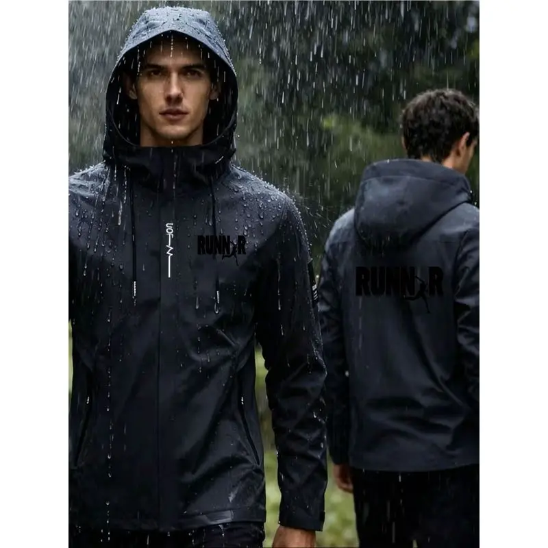 Men's outdoor sports windbreaker, American minimalist sporty running silhouette RUNNER trendy English pattern combination
