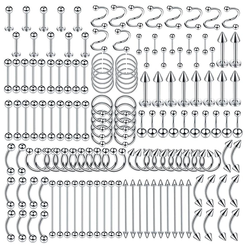 10PCS Piercing Kit Jewelry Stainless Steel Lip Nose Tongue Tragus Cartilage Daith Eeybrow Belly Button Rings Body Piercing Tools