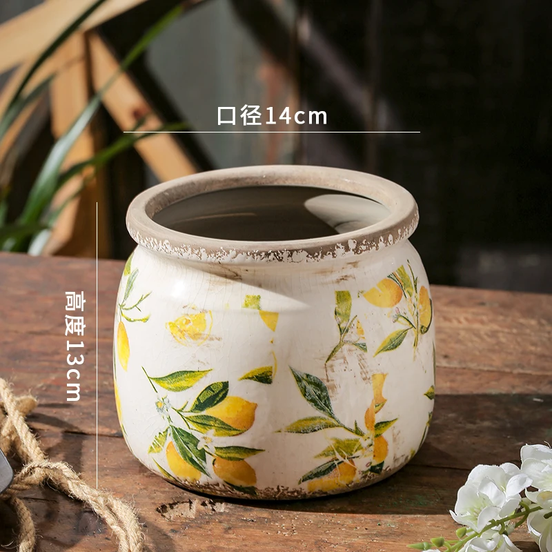 Vase Ceramic Lemon Printing Underglaze Color Necking Flower Pot  Home Outdoor Balcony Desktop Decoration Creative Retro Idyllic