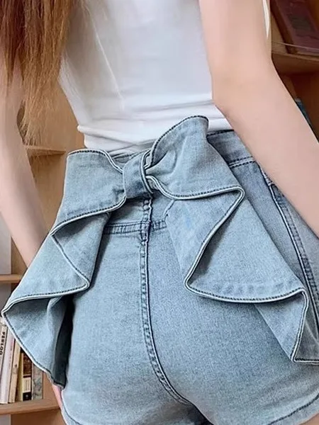 Summer High Waist  Knot Denim Shorts Women's Sexy Slimming Trendy Hot Pants Straight Leg Zipper Style Bodycon Jeans
