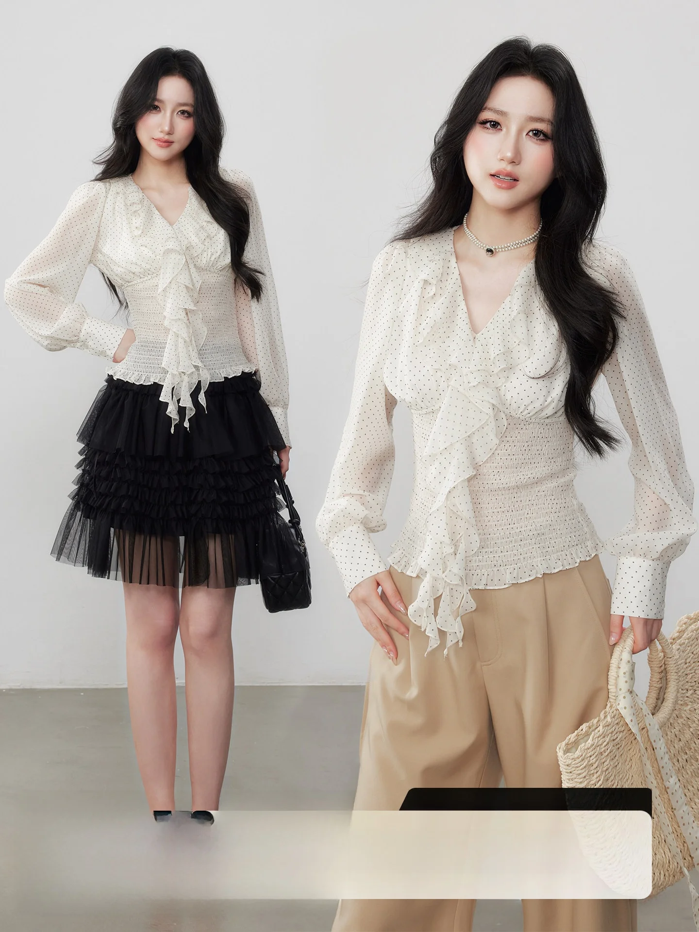 

Ele Polka Dot Chiffon irt Bow Waist Slim Fit Long Sve V Ne Spring Summer New Sle Women's Faion Daily Wear