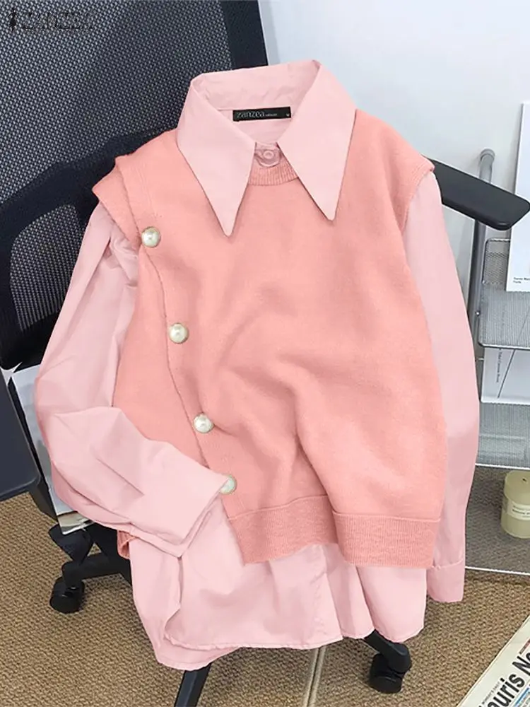 2025 ZANZEA Stylish Women Autumn Long Sleeve Blouse Fake 2 Pieces Tops Pullover Elegant Lapel Neck Office Work Shirt Mujer Femme