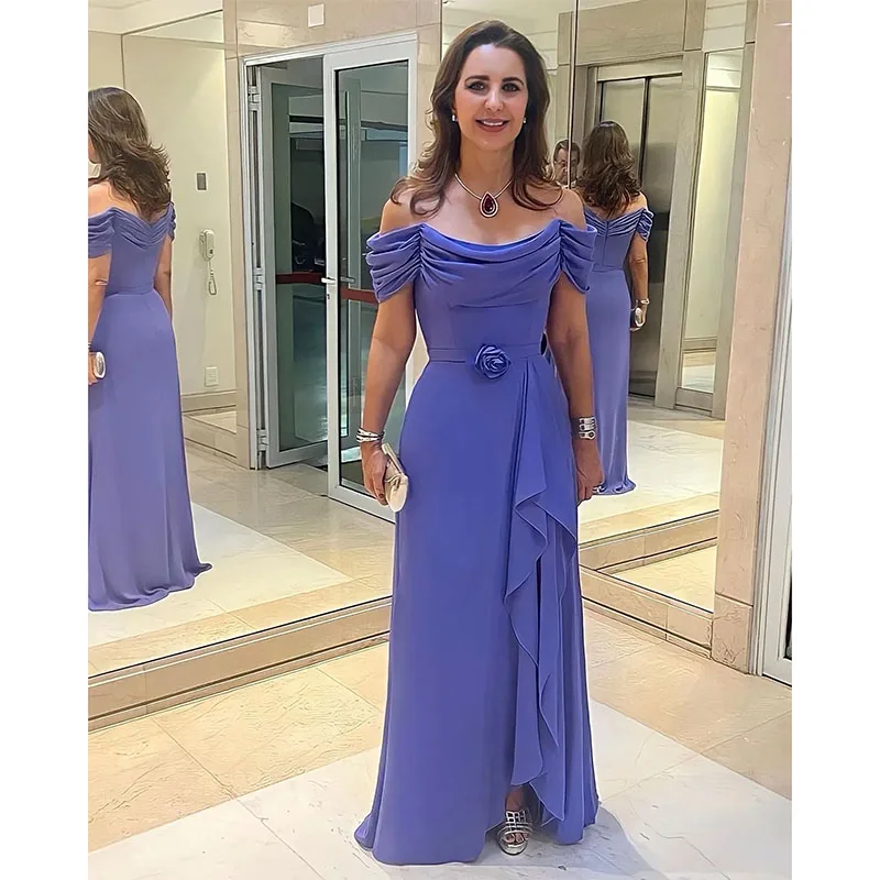 Elegant Chiffon Lavender A-line Mother Of The Bride Dresses Off The ShoulderNeck Side Split Pleated Wedding Guest Dress 2024