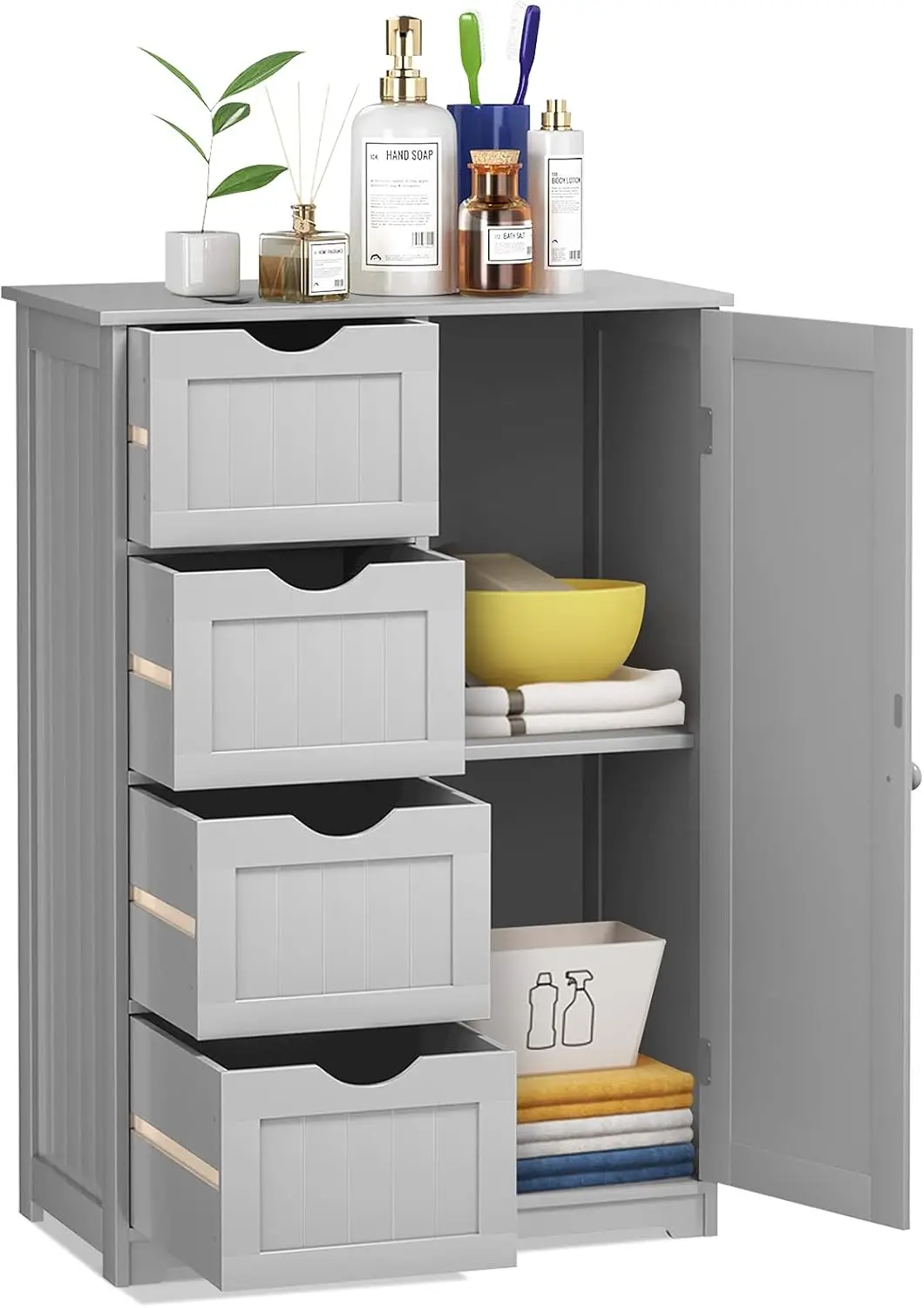 

Bathroom Floor Cabinet, Freestanding Storage Cabinet with 4 Drawers & Single Door, Adjustable Shelf, Multipurpose