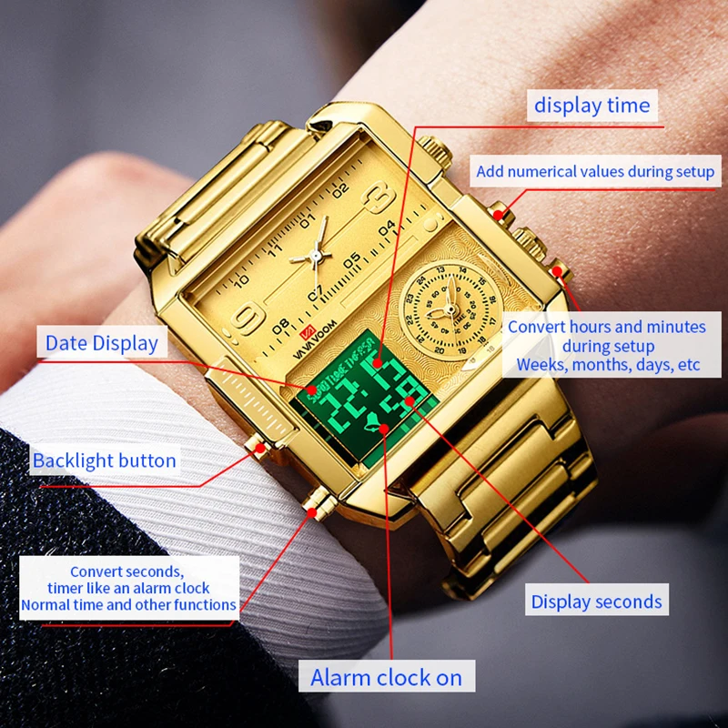 Dual Display Men Sports Watches For Male Clock Gold Black Men Digital Wrist Watches Top Brand Luxury Chronograph Quartz Watch view 2