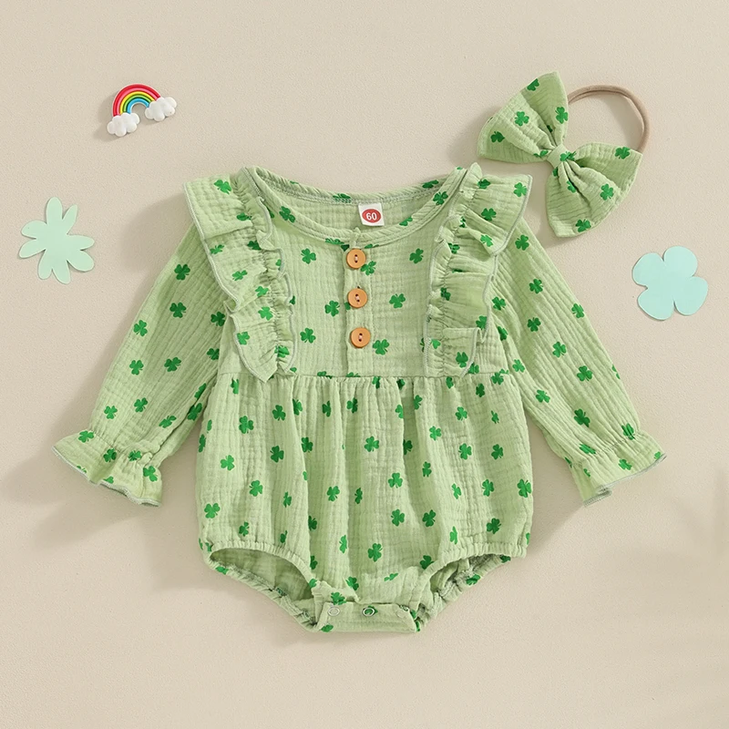 

Newborn Baby Girl Outfit Cute Long Sleeve Crew Neck Shamrock Print Green Romper with Hairband Fall Spring Clothes