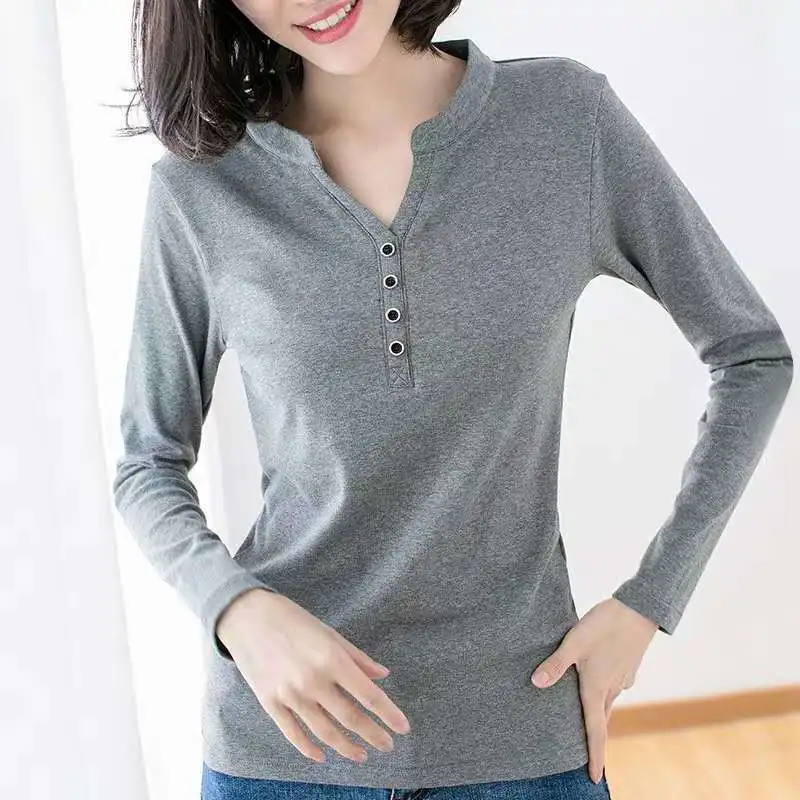 Autumn and Winter Women\'s Polo Pullover Cotton Solid Button Tshirt Long Sleeve V-Neck Standing Neck Underlay Fashion Casual Tops