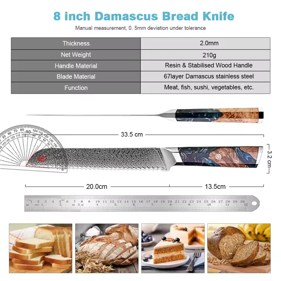 Bread Knife Serrated 8 Inch Damascus Steel Blade for Bread, Bagels & Pastries,Ultra-Sharp Edge,Ideal for Home Bakers and Chefs