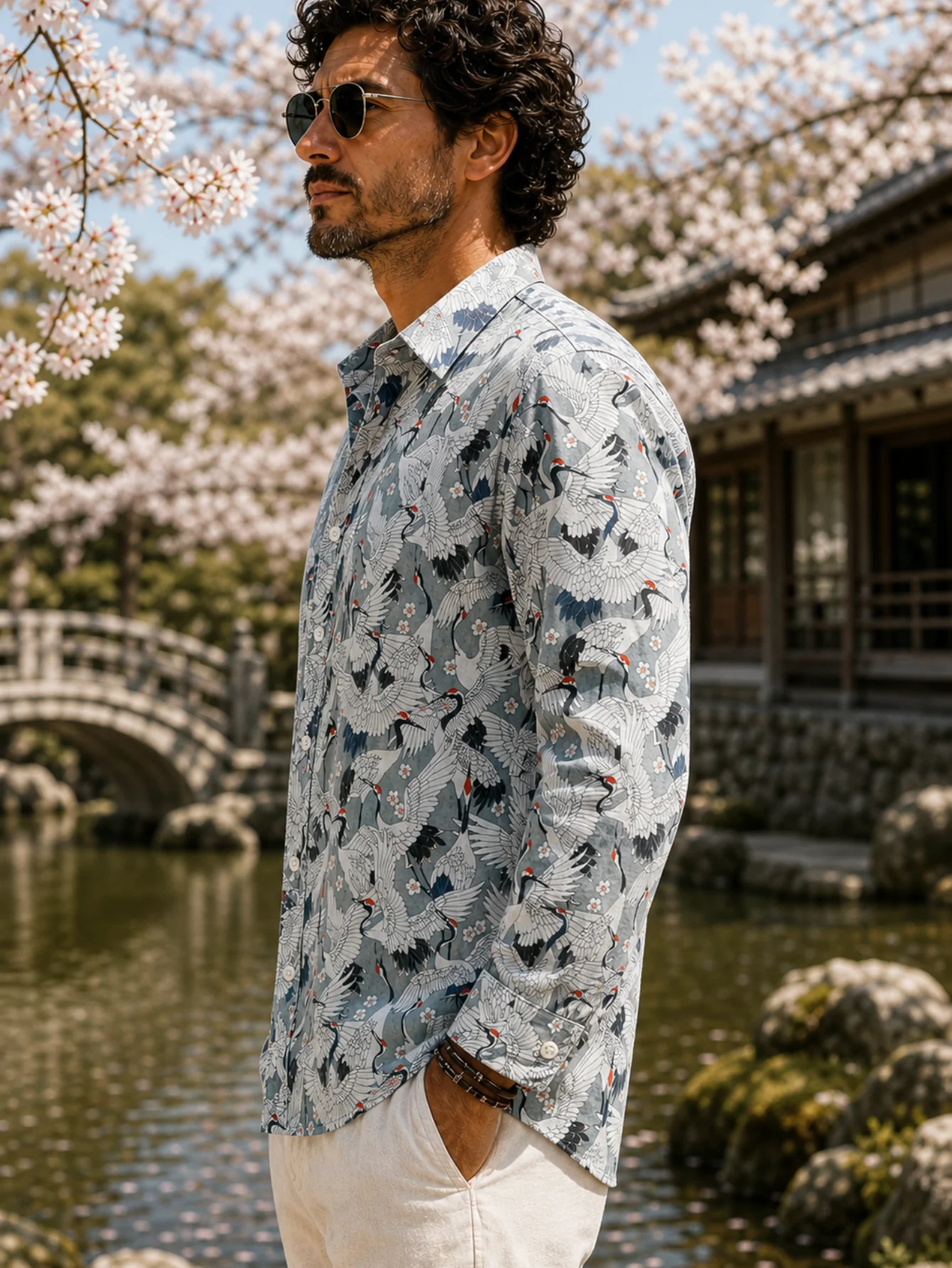 ong sleeve shirt for men loose crane cherry blossom print top for vacation gathering spring outfits