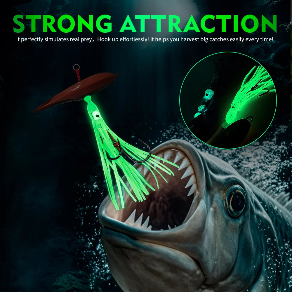 PROBEROS Sea Fishing Tuna Fake Lures 2pc Luminous Squid Skirt Double Hook Fish Bait 60-200g Deep Sea Slow Shake Iron Plate Bait view 5