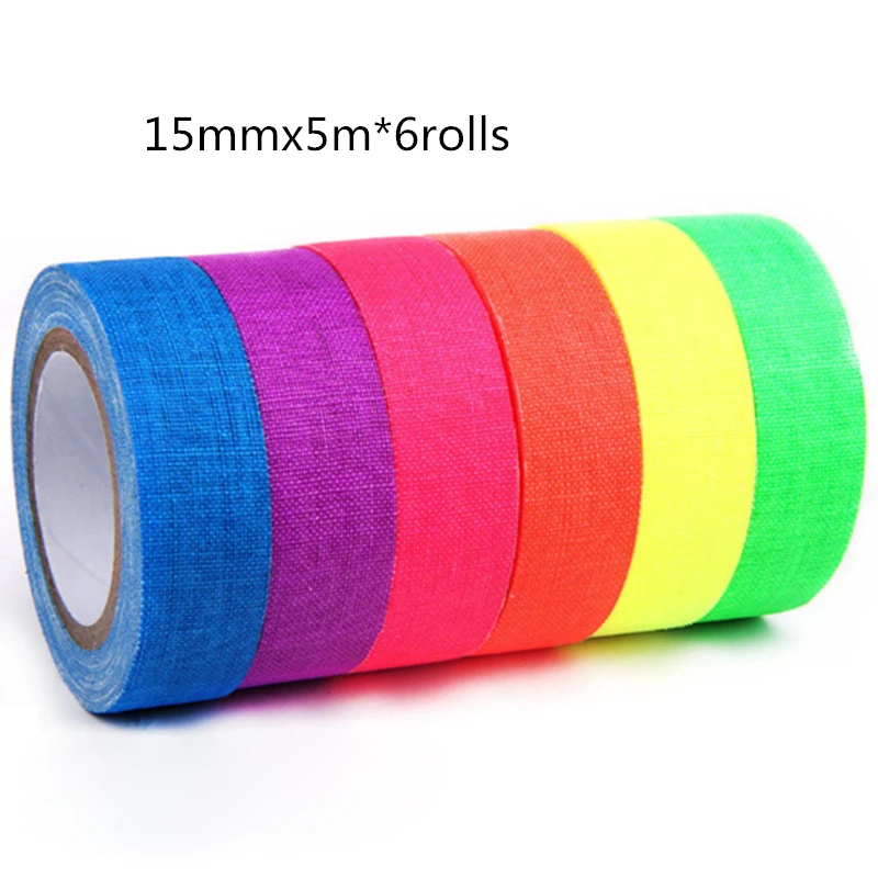 

6pcs/Set UV Gaffer Fluorescent Tape Blacklight Reactive Glow In The Dark Tape Neon Cloth Tape Warning Home Party Decoration