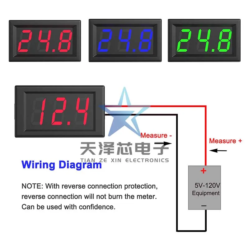 Two-Wire Dc5V-120V Dc Digital Display Voltmeter Digital Voltmeter Electric Vehicle Meter Anti-Reverse Connection 0.56